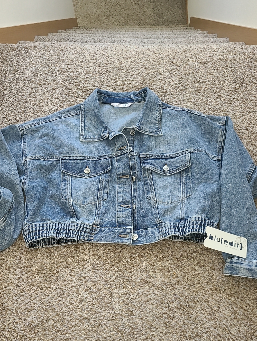 Blue Edit Cropped Light Wash Denim Jacket with Elastic Hem